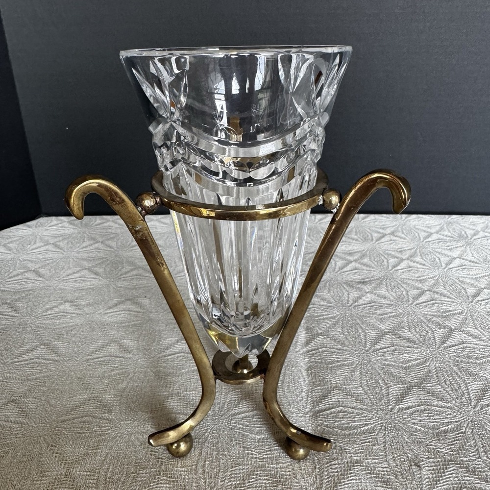 Stunning Lead Crystal Vase With Intricate Details And A Brass Holder Base Stand
